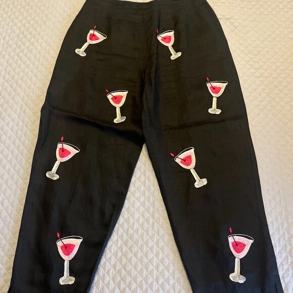 Coj Laing Pants - Black Linen Cosmo Cocktail Embroidered Pants